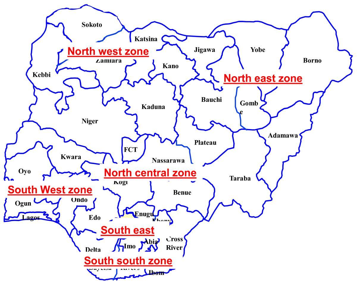 Nijerya haritası altı jeopolitik bölgeleri gösteren 