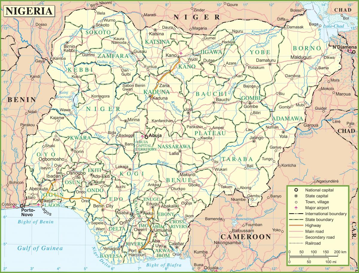 Nijerya haritası ana yollar gösteren 